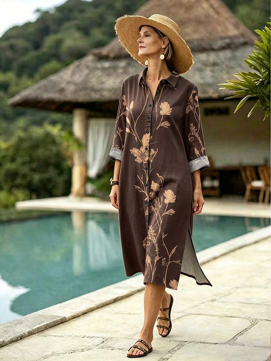 Louniche Women's Short Vacation Print Fall Dress Brown Floral Casual Boho - Coffee - View 1