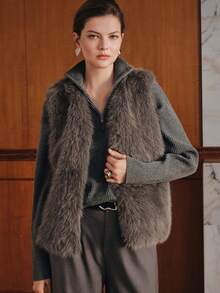 Anewsta Premium Grey Faux Fox Fur Vest, Sleeveless Pocket Plush Elegant Outerwear, Commute & Date Chic Socialite Style - Grey - View 4