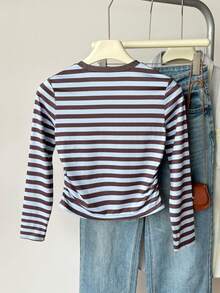 SHEIN Tween Girls Autumn Blue & Brown Striped Long Sleeve T-Shirt, Casual Versatile Everyday Wear - Multicolor - View 3