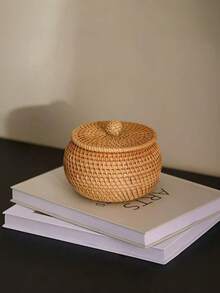 1PC Small Woven Natural Japanese Style Drum Shape Storage Box With Lid Durable Lightweight Stackable Dustproof Versatile For Bedside Table Living Room Tea Table Home Office Organizer Decor - View 2