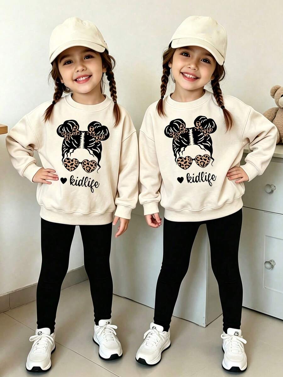 秋冬女童幼兒清新休閒舒適極簡豹紋時尚眼鏡丸子頭女孩剪影圖案基礎圓領衛衣與內搭褲套裝 - 彩色 - 查看 1
