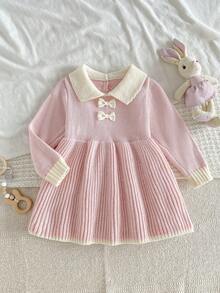 SHEIN 女嬰針織套頭圓領長袖毛衣洋裝，舒適款，適合秋冬，綠色/深綠色，優雅成熟淑女風，刺繡重工，時尚百搭，適合日常穿著、外出、旅行與上學 - 綠色 - 查看 1