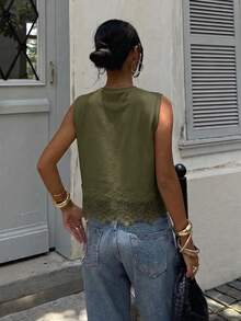 Siren Gaze Women's Spring/Summer Lace Patchwork Round Neck Tank Top - Army Green - View 2