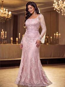 Auveirra Plus Size Women Square Neck Flare Sleeve Elegant Lace Dress Fall - Pink - View 6