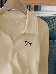 SHEIN 女款 POLO 領修身 T 恤，休閒極簡優雅風，適合日常休閒穿著，長袖上衣，春/秋季新款時尚上衣女式襯衫，蝴蝶結圖案 T 恤上衣 - 杏色 - 查看 3