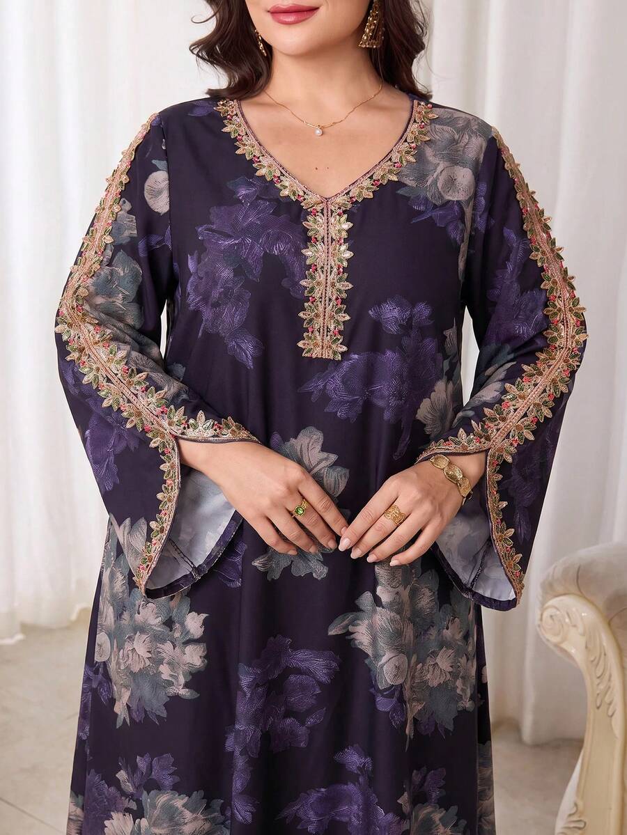 Al Najma Plus Size Women's Floral Print Embroidered Arabic Traditional Long Dress For Evening Wear - Multicolor - View 1