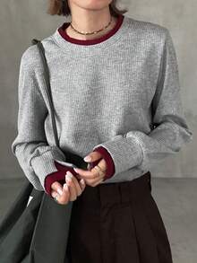 FRIFUL Kaos Kasual Lengan Panjang Bergaris Warna Blok untuk Wanita, Motif Musim Gugur - Grey - View 5