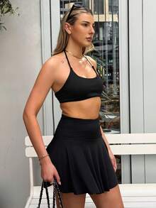 hollyjadebate Minimalist Solid Color High Waist Side Slit Sports Skort Black - Black - View 4
