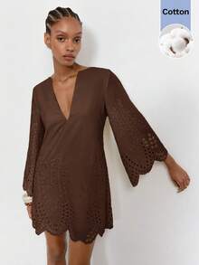 Maija Women's Casual Boho Hollow Embroidery Notched Collar Short Dress Vacation Brown Autumn - Brown - View 7