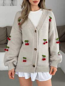 Women Solid Color 3d Cherry Pattern Accessory Deep V-Neck Front Button Drop Shoulder Chunky Cardigan - Apricot - View 3
