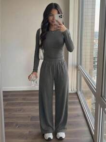 Tween Girls Retro Collegiate Casual Solid Color Round Neck Long Sleeve Top And Wide Leg Pants Set - Dark Grey - View 1