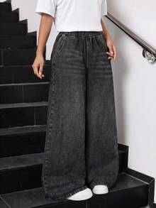 SHEIN Tween Girl Elastic Waist Wide Leg Black Denim Loose Long Pants Y2k Graduation - Black - View 5
