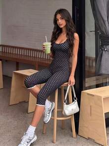 SHEIN Sports Polka Dot Yoga Fitness Women's Sports Jumpsuit - Black and White - View 4
