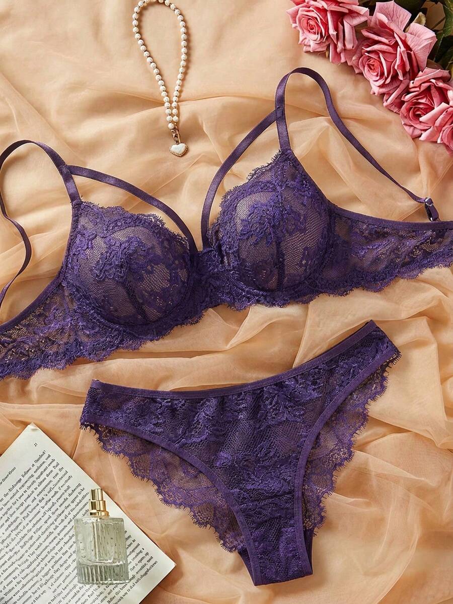 SHEIN 2pcs Lace Wireless Bra Set For Women - Purple - View 1