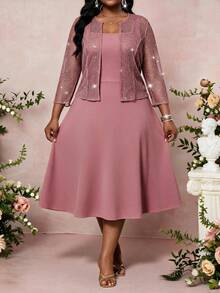 SHEIN Lady Plus Size Elegant Party Sequin Top & Dress 2 Pieces Set - Dusty Pink - View 1