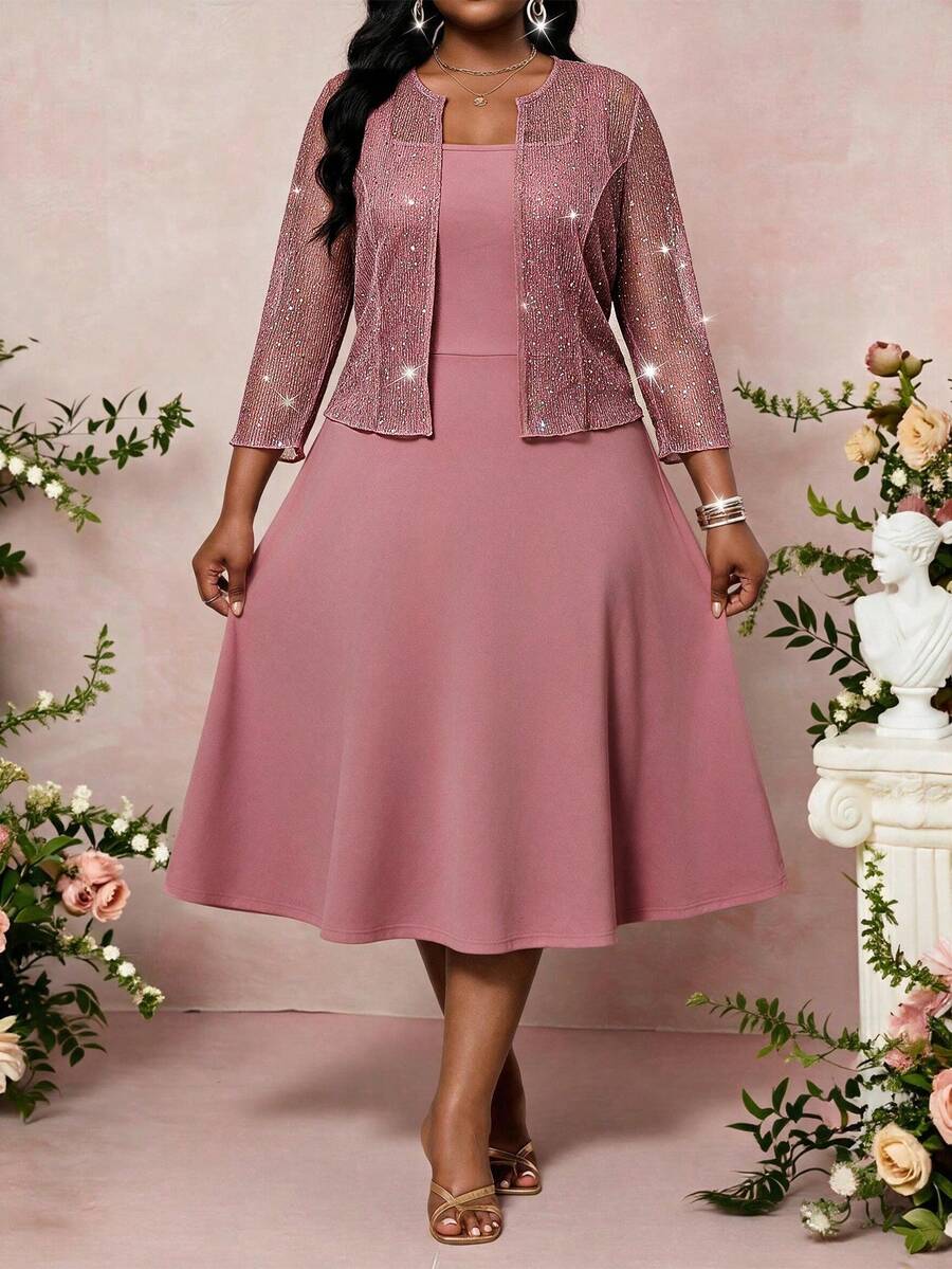SHEIN Lady Plus Size Elegant Party Sequin Top & Dress 2 Pieces Set - Dusty Pink - View 1