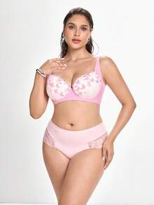 Slumbrini 1pc Plus Size Women's Lace Patchwork Underwear - Pink - View 3