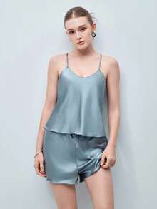 Softvol Satin Cami Top With Shorts PJ Set / Pajama Set - Dusty Blue - View 8