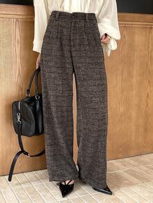 DAZY Autumn/Winter Straight Leg Loose Plaid Wool Fabric Commuter Style Women's Wide Leg Pants - Brown - View 4