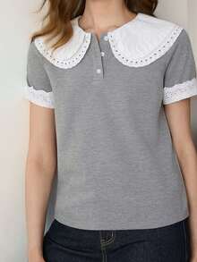 DAZY Women's French Embroidery Hollow Button Half-Placket T-Shirt School White Summer Cute Preppy Casual - Grey - View 5
