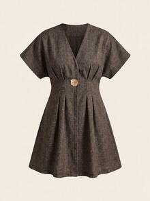 Auralis Plus Size Women's Elegant Casual Short Sleeve Dress Metal Waist Design Pleated Detail Teachers' Day Brunch Bussines Formal Office Brown Summer - Brown - View 9