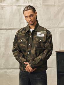 Norleigh Manfinity EMRG Men's Long Sleeve College Style Urban Street Fashion Camouflage Loose Denim Jacket , Fall - Army Green - View 8