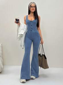 Flexra Women's Sexy Street Style Button Waist Denim Jumpsuit With Flared Legs - Blue - View 7
