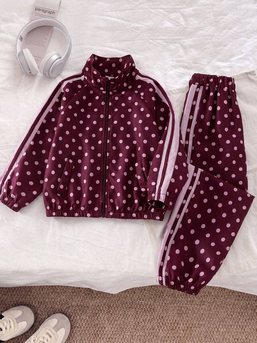 SHEIN Elladie kids 2件組女童春秋新款防風布料酒紅波點休閒時尚蝴蝶結緞帶裝飾立領前開拉鍊上衣與休閒長褲可愛甜美套裝 - 酒紅色 - 查看 1