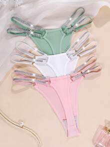 SHEIN 女款純色拼接亮片T-Back內褲3件組 - 彩色 - 查看 2