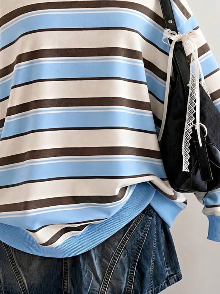 Autumn/Winter Casual Fashion Girls' College Style Striped Print Crew Neck Sweatshirt, American Vintage Print Design Jacket, Versatile Personalized Autumn Tween Girls' Sweatshirt Suitable For Girls 8Y-12Y - Multicolor - View 4