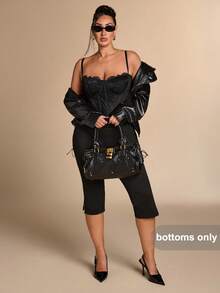 SHEIN BAE CURVE Plus Size Black Sexy Lace-Up Tie-Up Cropped Leggings,Black Sommar Casual Formal Gym Leggings,High Waist Cropped Mid-Calf Length Split Hem Slit Detail - Black - View 4
