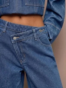 SHEIN BAE 女款休閒水洗不對稱腰頭牛仔褲 - 中等水洗藍 - 查看 3
