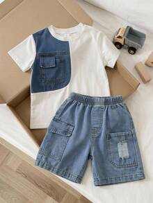SHEIN Little Byeori 儿童牛仔拼接圆领T恤和牛仔裤两件套，休闲日常穿着，适合通勤、上学、日常休闲、运动、春夏穿着。 - 白色 - 查看 8