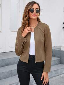 Editum Chaqueta de unicolor con cremallera delantera para otoño/invierno - Marrón - Ver 7
