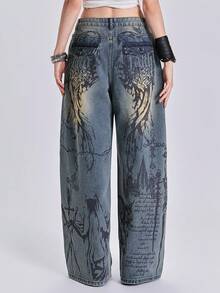 ACID BLVD Celana Jeans Denim Longgar Potongan Lurus Gaya Vintage Washed, Motif Sayap Malaikat Bunda Maria Streetwear Punk Y2K Sepanjang Musim, Motif Bunga dan Slogan, Dicetak di Seluruh Permukaan - Biru - View 3