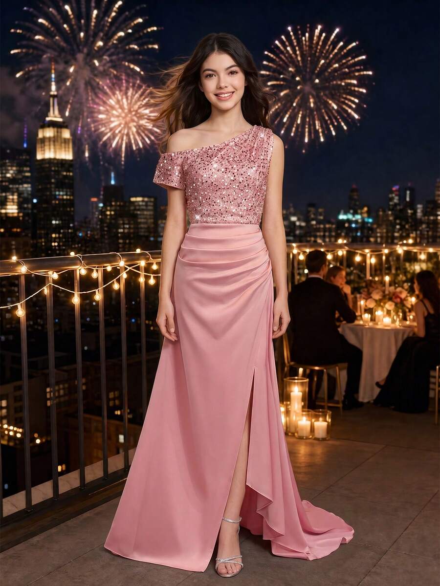 青少年女孩春/夏畢業舞會 Sweet 16 婚禮花童優雅可愛舞會禮服,粉色亮片單肩細肩帶背心上衣 - 粉色 - 查看 1