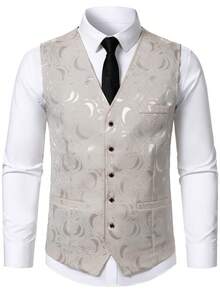 Calvornis Men's Jacquard Single-Breasted V-Neck Suit Vest - Khaki - View 4