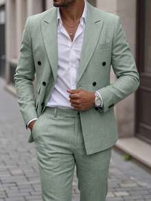 Manfinity Mode Men's Casual Versatile Double-Breasted Suit Jacket And Pants Set - Green - View 6