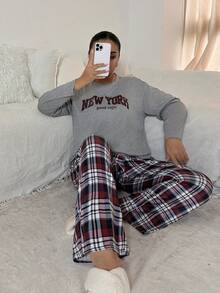 Napfluff CURVE Napfluff CURVE Plus Size Women's Casual Knit Plaid & Letter Print Loungewear Pajama Set - Grey - View 4