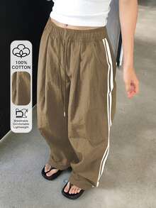DAZY Women's Elastic Waist Patchwork Webbing Loose Street Style Long Pants, All Season Fall - Mocha Brown - View 1
