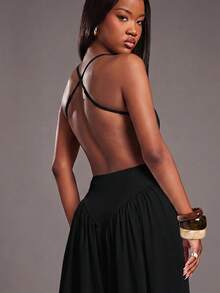 NYA SZN Jumpsuit Sleeveless Spaghetti Strap Fitted Cinch Drop Waist Balloon Pant Leg Loose Baggy Church Elegant Summer Fall Winter - Black - View 7