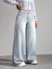 SHEIN Loose Fit Light Blue Denim Pants For Tween Girls Summer World Cup Independence Day Beach Graduation - Blue - View 4