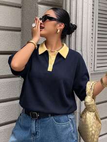 Livesso 對比色拼接寬鬆條紋 Polo 領中袖休閒夏季大尺碼女款 T 恤 - 藏蓝色 - 查看 4