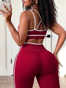 BamGleam Seamless High Elasticity Women's Color Block Top And High Waist Leggings Casual Daily Sports Set - Burgundy - View 2