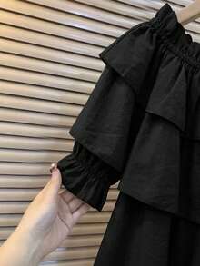 Franclia 女款夏季休閒純色荷葉邊上衣 - 黑色 - 查看 5