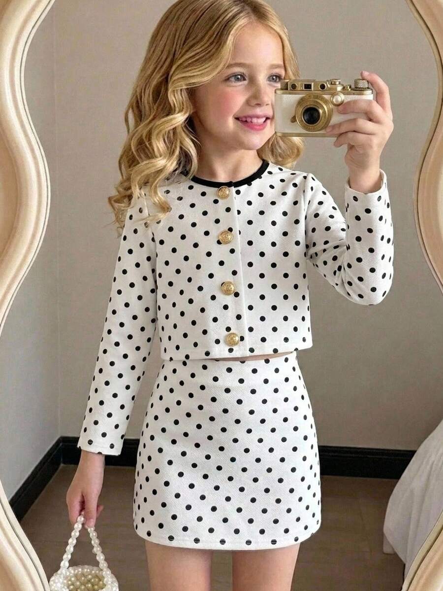 SHEIN 女童針織波點休閒夾克與裙子兩件套 - 彩色 - 查看 1