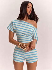 SHEIN BAE Women's 2-Piece Set Asymmetrical Shoulder Top And Shorts, Casual Minimalist Daily Versatile All-Match, Date Night, Outing, Commute, Beach, Vacation, Summer Outfit - Multicolor - View 5