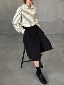 FRIFUL Kaos Wanita Model Korea Terbaru untuk Awal Musim Gugur, Motif Garis-garis, Kain Bergaris, dan Dekorasi Resleting Logam - Aprikot - View 5