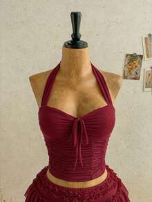 Soleia Damen Frühling/Sommer romantisches Urlaubs Chiffon plissiert rückenfrei Neckholder Top - Bordeaux - Übersicht 4