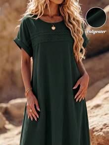 SHEIN LUNE CURVE 大码女式纯色蕾丝镂空无袖连衣裙 - 墨綠色 - 查看 1